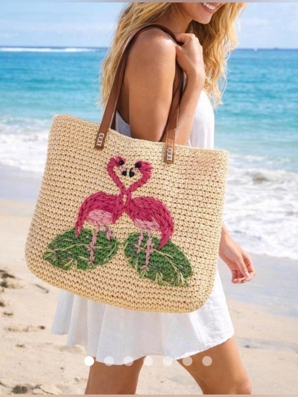 INC International Concepts Pink Flamingo Straw Tote with Brown Straps